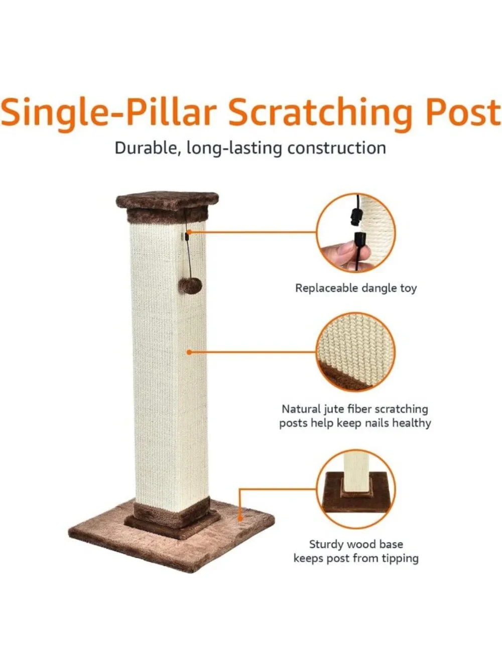 Sturdy Cat Scratching Post for Indoor Cats & Kittens, 35.4” Tall, Sisal Rope